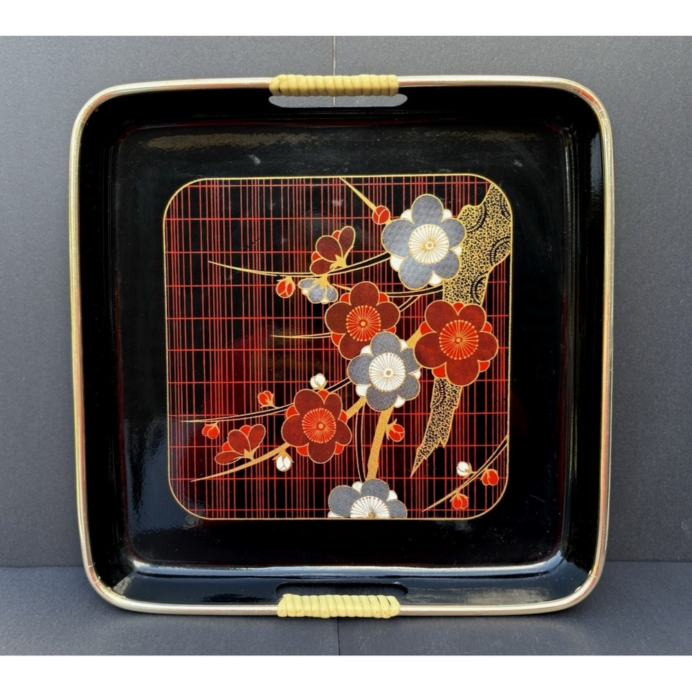 Vintage small lacquer serving tray Toyo Japan blossoms red gold black white 70's
